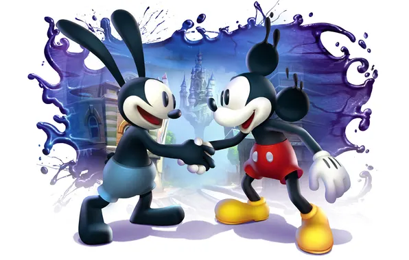 Picture castle, paint, white background, disney, handshake, Epic Mickey 2, The Power of Two
