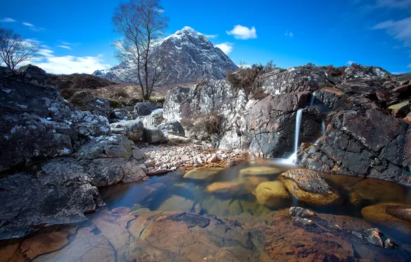 Picture mountains, stream, stones, tree, waterfall, the bottom