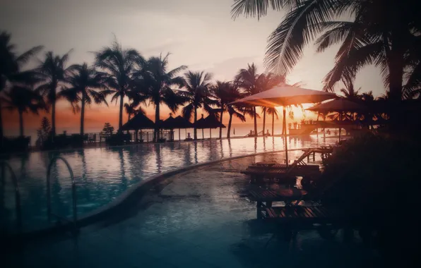 Picture Sunset, The sun, The sky, Water, Sea, Beach, Photo, Pool