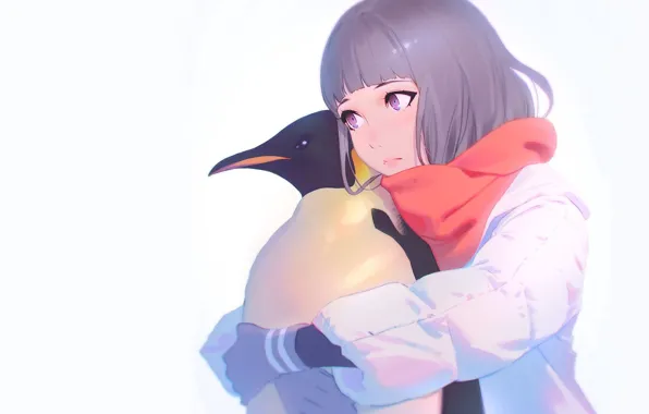 Jacket, girl, gloves, penguin, blue background, bangs, hugs, red scarf