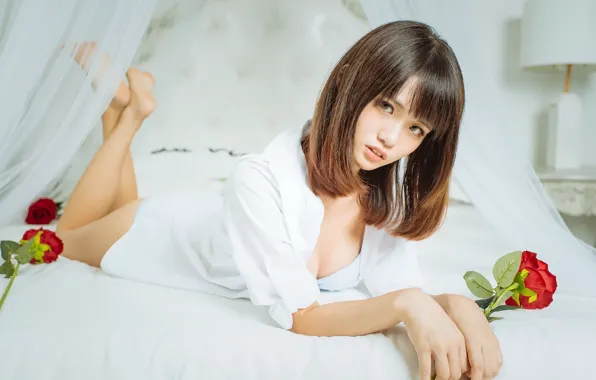 Picture girl, roses, Asian