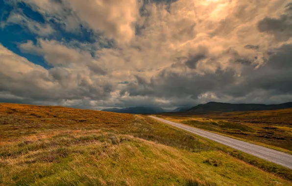 Road, field, the sky, grass, clouds, light, mountains, clouds