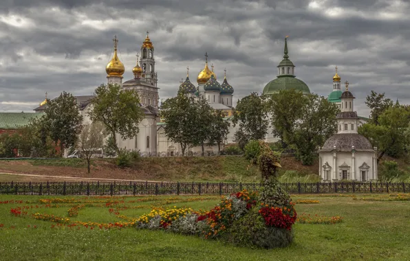 Landscape, flowers, clouds, nature, the city, lawn, the monastery, The Trinity-Sergius Lavra