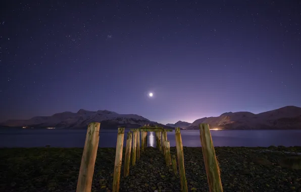 Picture stars, snow, mountains, night, lake, the moon, support, moonlight