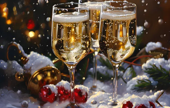 Winter, balls, snow, lights, wine, glasses, Christmas, red