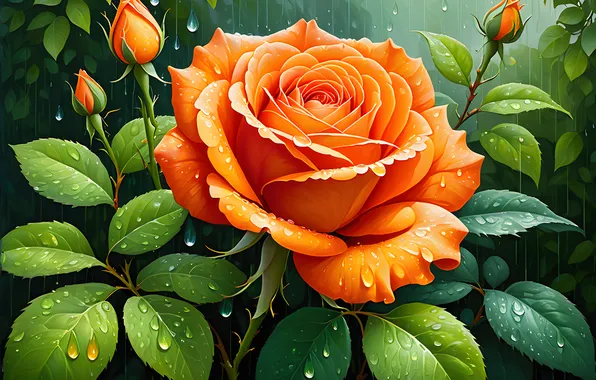 Flower, leaves, drops, macro, rain, rose, orange, garden