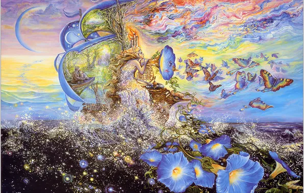 Picture sea, butterfly, flowers, fantasy, ship, Josephine Wall, Andromedas Quest, music