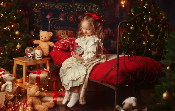 Picture mood, toys, bed, dress, alarm clock, girl, gifts, New year
