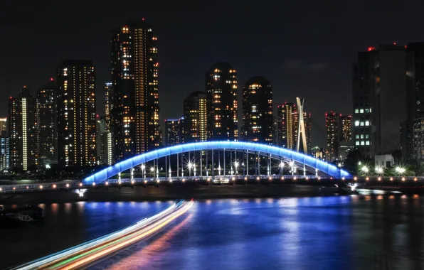 Picture night, bridge, lights, building