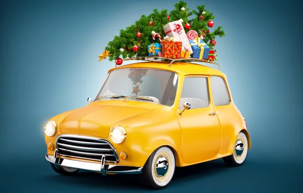 Picture photo, New year, Tree, Gifts, Car