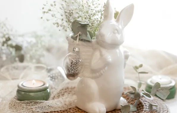 White, flowers, holiday, toy, spring, candles, rabbit, Easter