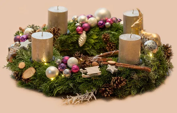 Balls, branches, background, holiday, candles, deer, Christmas, New year