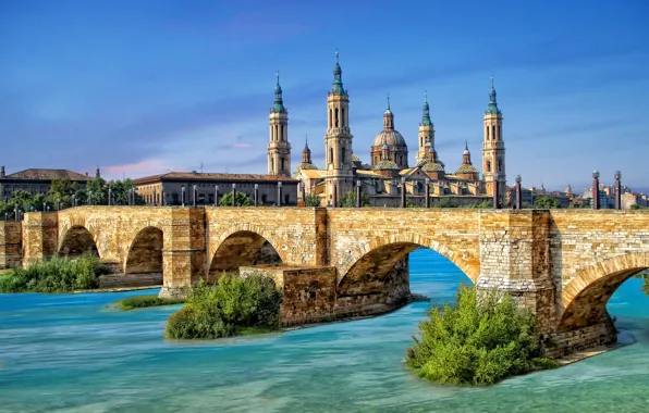 Picture the sky, bridge, Spain, Zaragoza, Basílica de Nuestra Señora del Pilar, the river Ebro