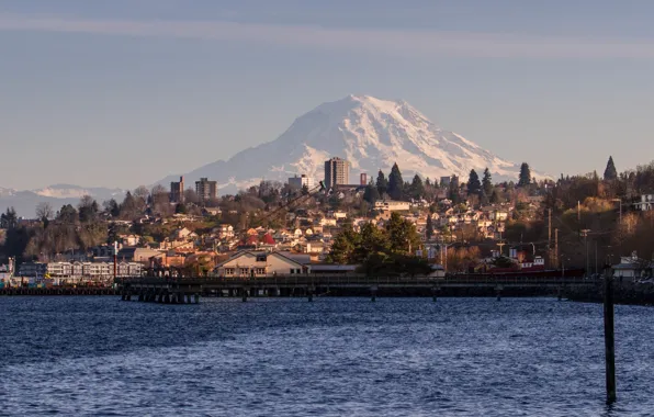 USA, United States, river, trees, mountain, houses, Washington, port
