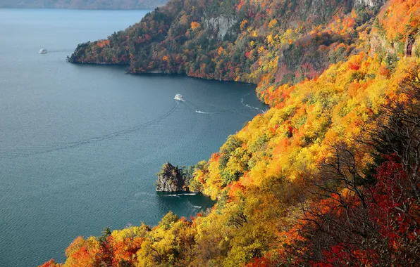 Picture sea, autumn, trees, mountains, ship, boat