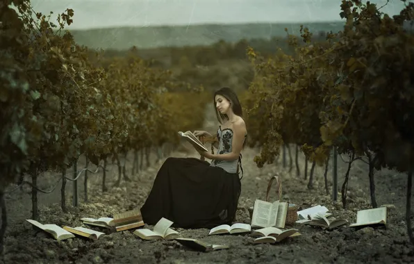 Picture girl, books, vineyard