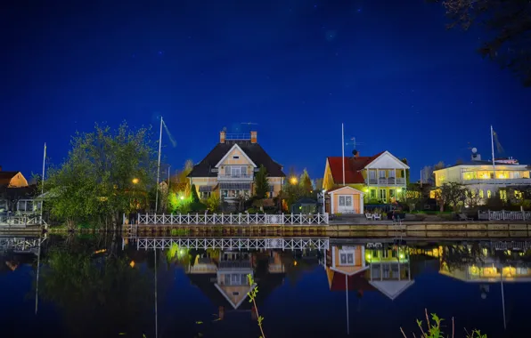 Picture the sky, night, pond, street, home, stars, The city, sky