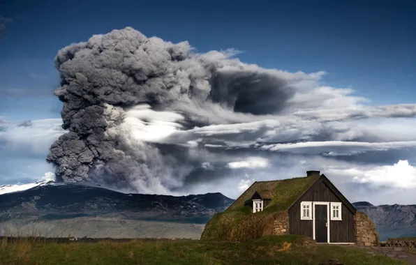 Picture mountains, house, photo, the volcano, the eruption