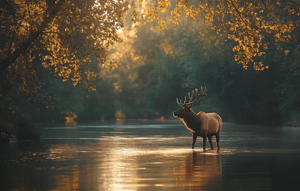 Autumn, forest, light, branches, shore, foliage, deer, morning
