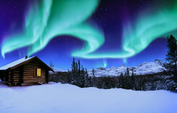 Winter, forest, snow, mountains, house, Northern lights, the snow, house