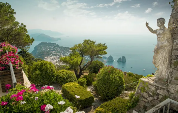 Sea, flowers, Italy, panorama, statue, the bushes, Capri