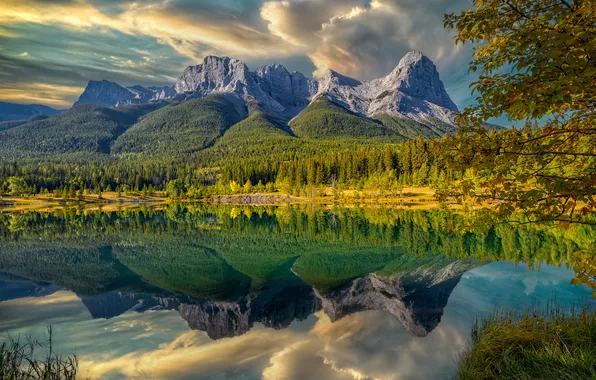 Forest, the sky, mountains, lake, shore, the slopes, pond