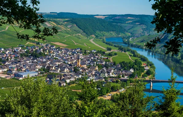 Bridge, river, Germany, houses, Moselle