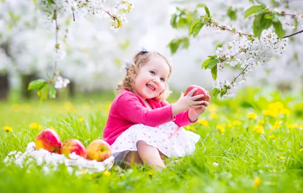 Joy, flowers, child, spring, grass, weed, flowers, spring