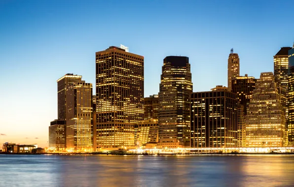 Night, lights, coast, New York, skyscrapers, USA, Manhattan