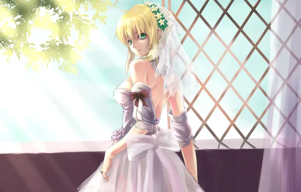 Picture girl, dress, window, art, the bride, veil, saber, fate stay night