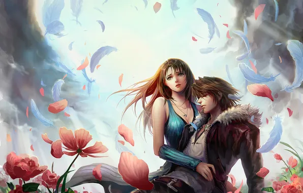 Girl, flowers, clouds, feathers, petals, guy, hugs, final fantasy