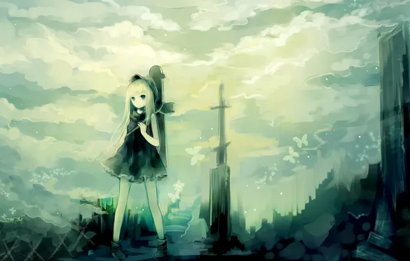 The sky, girl, clouds, butterfly, cross, anime, art, hanchan