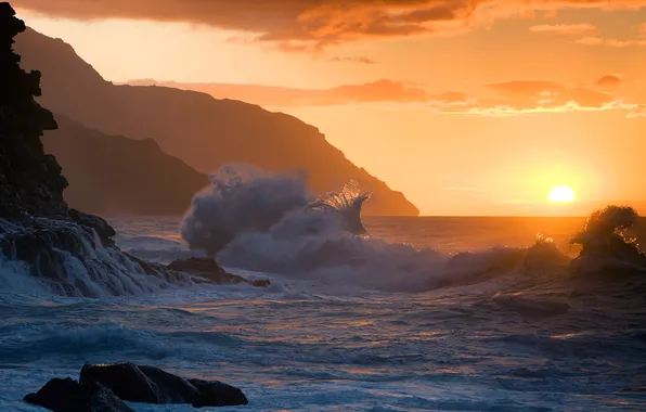 Sea, the sky, the sun, clouds, sunset, mountains, storm, rocks