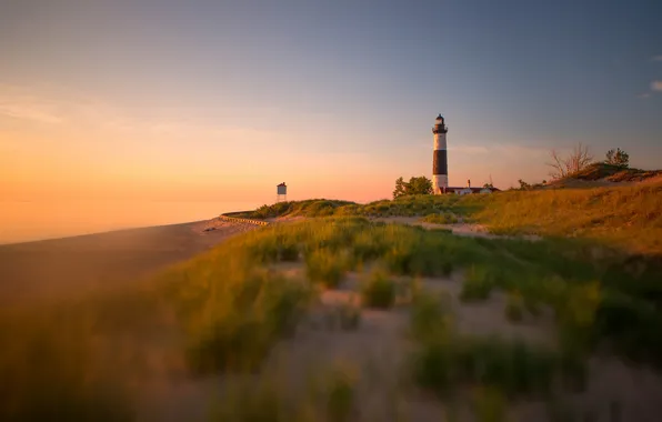 Sea, sunset, lighthouse