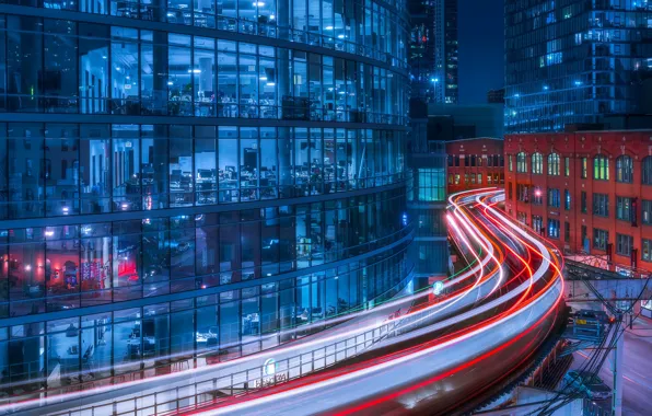 Night, the city, lights, Curve in Chicago