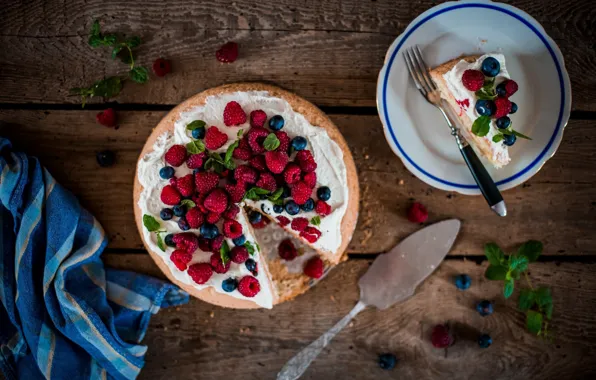 Picture decoration, berries, cake, cream, dessert, a piece of cake
