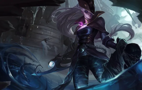 Picture look, girl, sword, hat, League of Legends, Diana, League Of Legends, the splashes of water