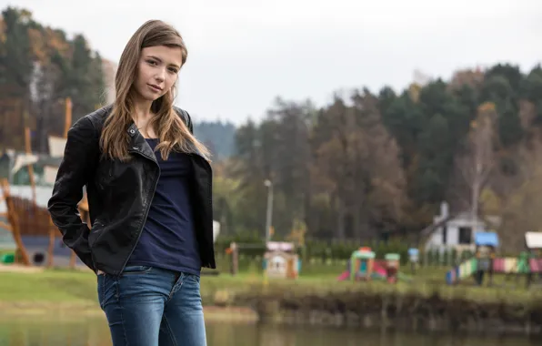 Look, trees, landscape, pond, Park, model, portrait, jeans