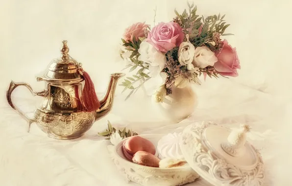 Flowers, pitcher, still life, marshmallows, macaroon