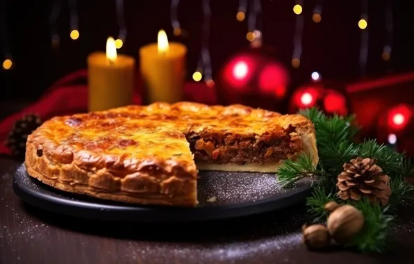 Table, Christmas, pie, New year, cakes, Christmas decorations, festive table, AI art