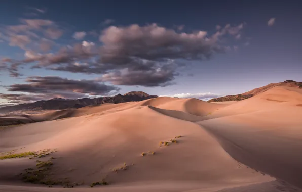 The sky, clouds, mountains, hills, vegetation, desert, dunes, Sands