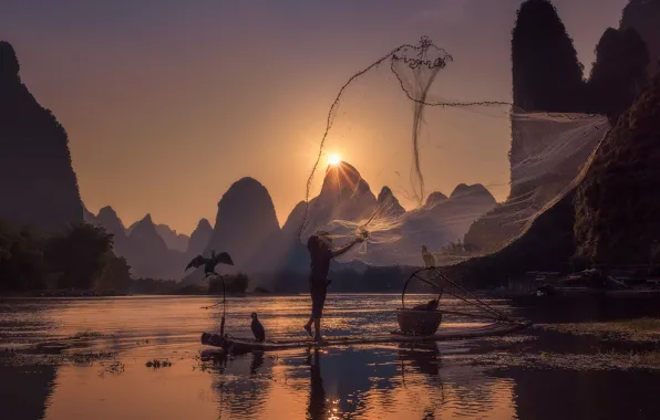 Picture the sun, birds, river, mesh, fisherman, China