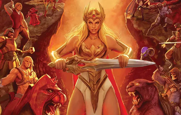 Picture cartoon, warrior, powerful, strong, muscular, Masters of the Universe, She-Ra, He-Man