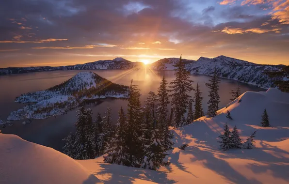 Winter, forest, the sky, clouds, snow, lake, island, The sun