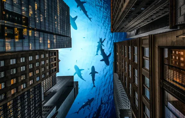 Picture the city, home, sharks