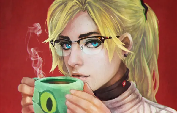 Picture girl, art, glasses, jacket, Medic, sweater, Overwatch, Mercy