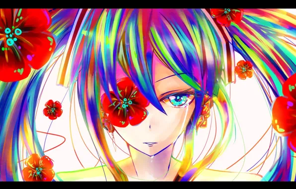 Picture girl, flowers, Mac, colorful, tears, art, vocaloid, hatsune miku