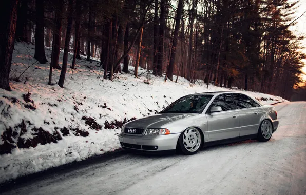 Forest, snow, Audi, Audi, stance, Doroga