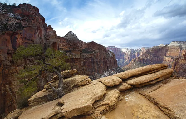 The sky, clouds, trees, mountains, rocks