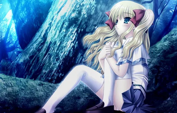 Picture forest, girl, sitting, thought, bows, tails, sin kuro to kiiro no shoujo